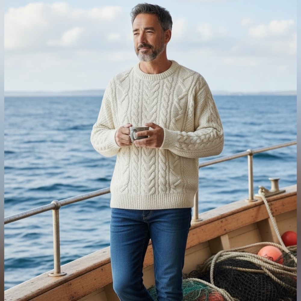 PEREGRINE Vintage knitwear ivory 100% New Wool cable knit fisherman’s sweater XL